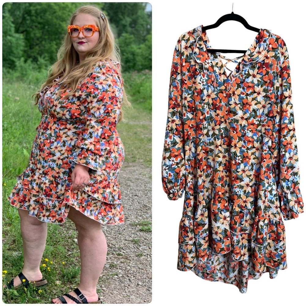 SHEIN Ruffled Floral Cutout Lace Up Back Long Sleeve Summery Mini Dress 4XL